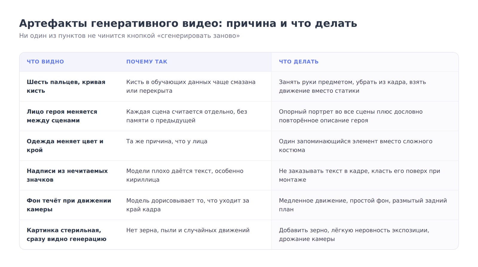 Таблица артефактов генеративного видео: что видно, почему так и что делать