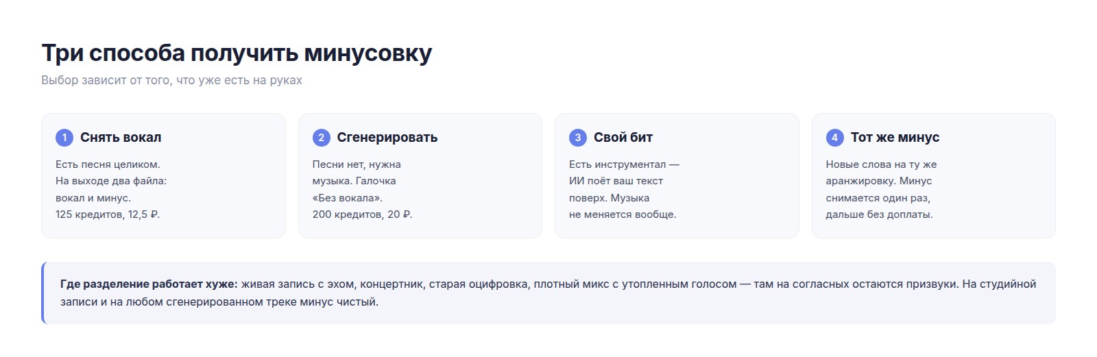 Три способа получить минусовку: снять вокал, сгенерировать инструментал, спеть на свой бит