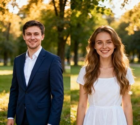 Два исходных фото: жених и невеста в летнем парке