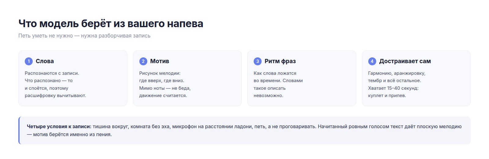 Что модель берёт из напева: слова, мотив, ритм фраз, и что достраивает сама