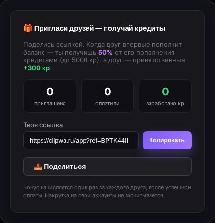 Окно «Пригласи друзей» в кабинете ClipWa: личная ссылка, кнопки «Копировать» и «Поделиться», счётчики друзей и заработанных кредитов