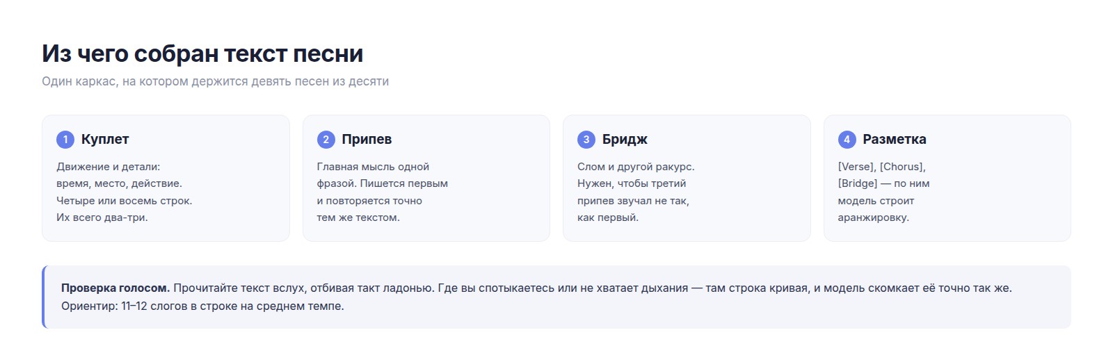 Структура песни: куплет, припев, бридж, разметка блоков